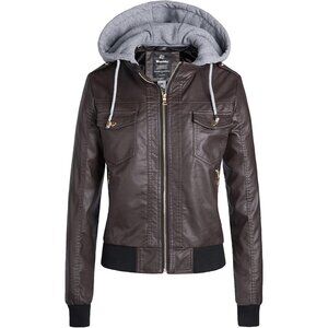 Wantdo Women Dark Brown Motorcycle Short Faux Leather Jacket with Removable Hood